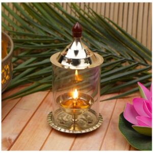 Brass Akhand Diya with Glass Cover ? Long Burning Pooja Lamp