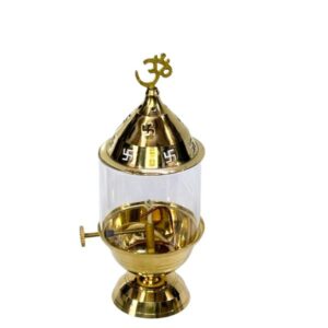Brass Akhand Diya with Om Symbol & Glass Cover ? Eternal Pooja Lamp